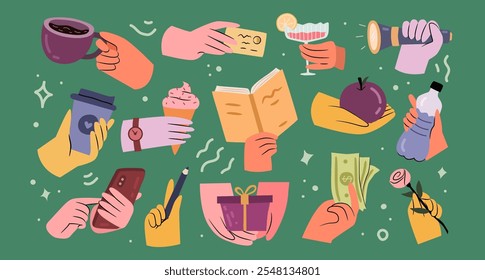 People holding beverages, coffee or tea drinks. Vector in flat style, isolated hand with book and ice cream, mobile phone and bottle of water. Flashlight and present, credit card and money