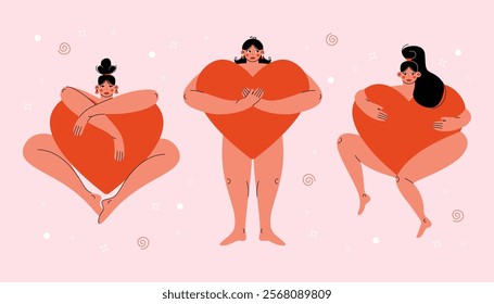 People holding big hearts. Abstract cartoon female characters with huge red love symbols, happy women with valentines romantic feelings. Vector flat set.