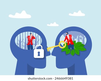  people holding big key for unlock think growth mindset different fixed mindset concept vector