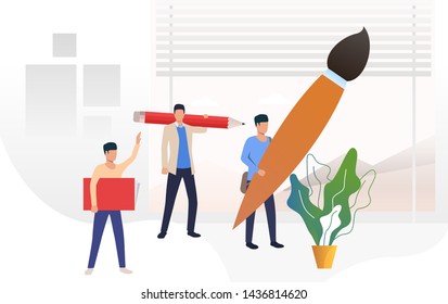 People holding big paint brush, pencil and textbook. Workshop, craft, knowledge concept. Vector illustration can be used for topics like study, education, art school