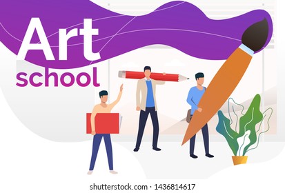 People holding big paintbrush, pencil and textbook. Workshop, craft, knowledge concept. Presentation slide template. Vector illustration for topics like study, education, art school