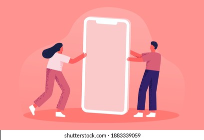 People are holding a big phone. Place to insert. Concept for advertising, banner. Flat illustration of a big phone