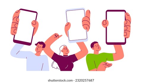 People holding big smartphone with blank screen in hand.