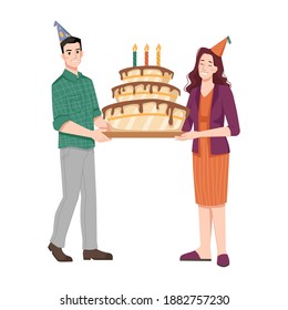 People holding birthday cake with candles, man and woman wearing paper cone hats. Greetings and congratulations with special holiday. Party preparation, positive characters. Vector in flat style