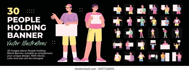 People Holding Blank Banner. Great Bundle. Collection of various people holding Blank Banner, can be used for advertising, marketing and signboards. Vector Illustration
