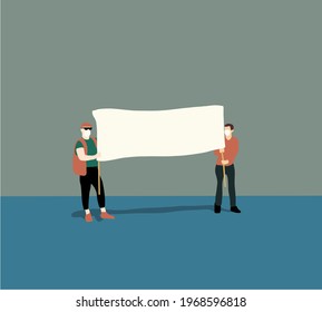 People holding blank banners, manifesting activists demonstrating empty signs. Protest and strike,revolution concept. Political and human rights protest. Vector