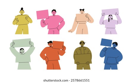 People holding blank banners and placards, set. Picket, protest and demonstration with paper board in hands. Male and female characters. Colored flat vector illustration isolated on white background