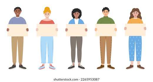 People holding blank boards. Man and women showing empty signs. Templates for information campaign, advertising or peace demonstration themes. Vector illustration on white background.