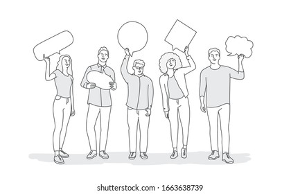 People holding blank. Hand drawn vector illustration.