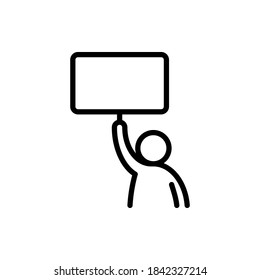 People holding blank on white paper, people showing empty banner outline icons. Vector illustration. Editable stroke. Isolated icon suitable for web, infographics, interface and apps.