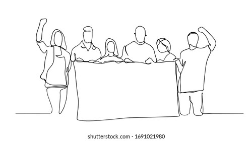 People holding a blank paper roll. continuous one line drawing, vector illustration. Continuous one line drawing group of people holding blank signboard. illustration concept. People on a meeting