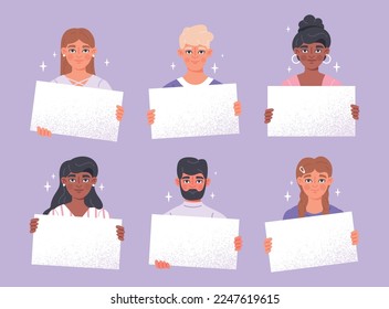 People holding blank placard set. Collection of characters, activists. Democracy, rally and protest. Template, layout and mock up. Cartoon flat vector illustrations isolated on violet background