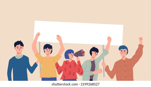 People holding blank placards. Protest for human rights and social equality. Publicity templates. Participation in a peaceful demonstration. Vector flat.