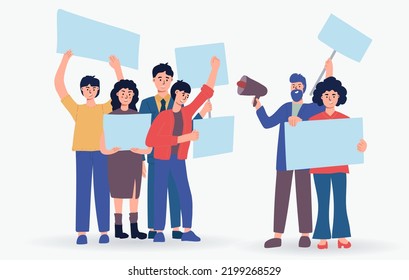 People holding blank placards. Protest for human rights and social equality. Publicity templates. Participation in a peaceful demonstration. Vector flat.