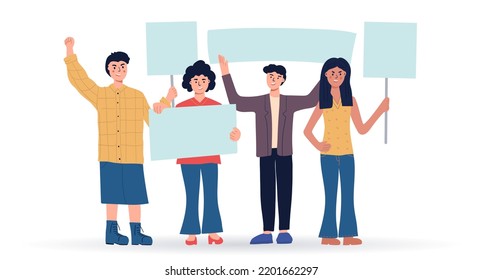 People holding blank placards. Protest for human rights and social equality. Publicity templates. Participation in a peaceful demonstration. Vector flat.