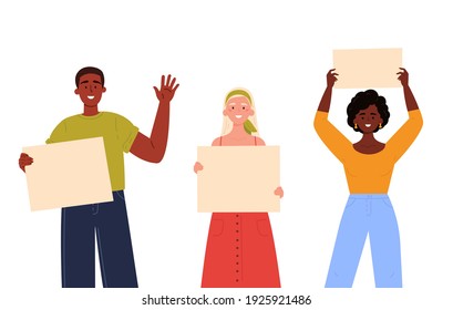 People holding a blank posters with place for text. A young women and man holding a bullet leafs in their hands. Teenagers showing posters. Hand drawn style vector trendy illustration.