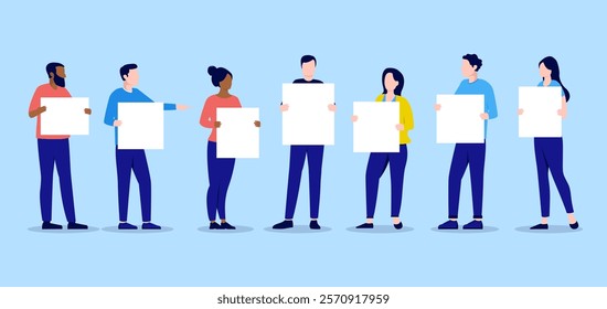 People holding blank posters or signs - Set of vector characters with white sign placards in hands. Template to insert your own message vector illustration