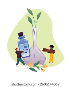 People are holding blue glass bottle of herbal liquid with flower and rolled sticks of cinnamon. Floral essence mixture preparation. Vector flat natural perfumery or aromatherapy products