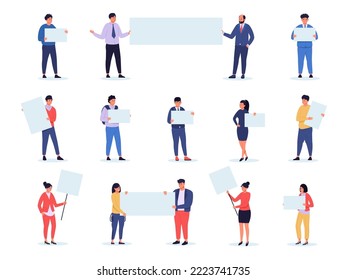 People holding boards. Mass of man woman characters with empty banners, group of activists with blank placards cartoon style. Vector isolated set. Adults with announcements on protest