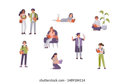 People holding books and gadgets. Group of male and female students study. Education and knowledge concept with Characters. Flat cartoon vector illustration isolated.