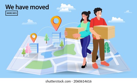 People holding boxes standing on the map. Woman and man change address. We have moved. Search for places on map location. Online map. City landscape background. Modern flat cartoon style. vector