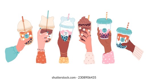 Gente sosteniendo tazas de té con perlas de tapioca. Té Boba. Bebé taiwanés. Bebé frío de verano. Ilustración vectorial dibujada por mano