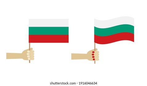 People holding bulgarian flags in hands. Icons, design elements for Independence Day and other national holidays.
