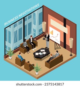 People holding business negotiations analysing charts and digrams in meeting room isometric vector illustration