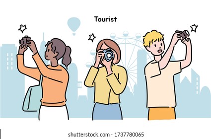 People are holding cameras and taking pictures. hand drawn style vector design illustrations. 