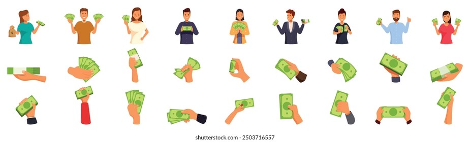 People holding cash dollar icons set. People holding money cash earnings wealth salary finance business investment concept