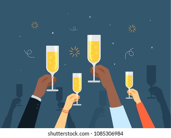 People holding champagne glasses celebrating and having fun.