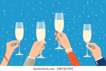 People holding champagne glasses celebrating and having fun. Merry christmas holiday. New year and xmas celebration Vector illustration in a flat style .