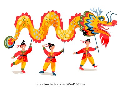 People holding Chinese New Year dragon. Traditional Asian festival vector illustration. Boys and girl walking and celebrating holiday with dragon paper animal on white background.