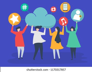 People holding cloud and social networking icons illustration