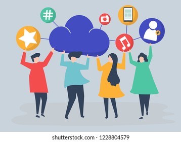 People holding cloud and social networking icons illustration