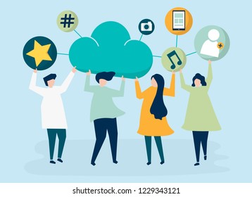 People holding cloud and social networking icons illustration