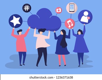 People holding cloud and social networking icons illustration
