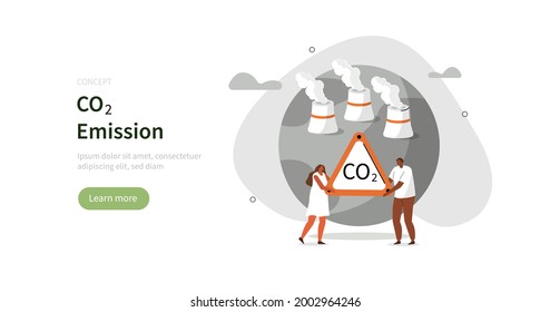 People holding CO2 warning sign near planet earth with smoking power plant pipes. Environment polluted by CO2 emission. Climate change problem concept. Flat cartoon vector illustration.