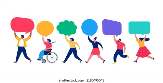 People holding colorful speech bubbles, giving review rating and feedback. Customer choice and employee feedback. Rank rating stars feedback. Business satisfaction support. 