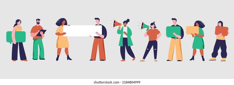 People holding colorful speech bubbles, giving review rating and feedback. Customer choice and employee feedback. Rank rating stars feedback. Business satisfaction support. 