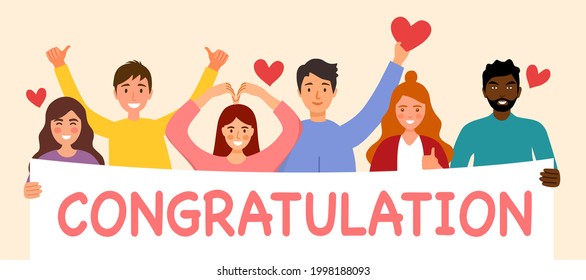 People holding a congratulation sign for surprise party. Celebrating event.
