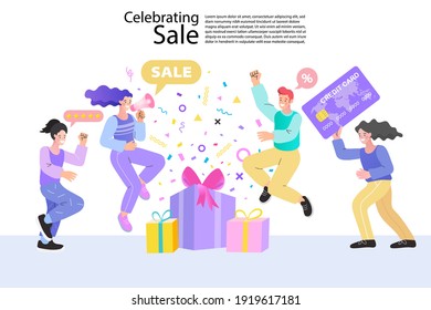 People Holding Credit Card, Loudspeaker, Having Fun. Vector Illustration