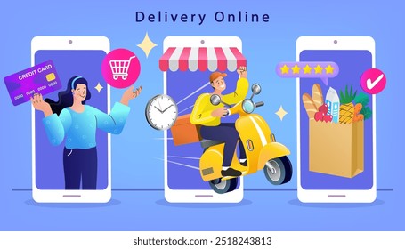 Personas con tarjetas de crédito en la pantalla del móvil. Concepto de App de compras en línea o compras móviles. Festiva Shopoholic Character Holding Bolsa de compras. Publicidad en comercio electrónico. Tienda de Internet. Vector