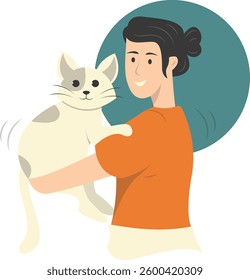 People Holding Cute Cat Illustration. Flat Vector Character Design on White Background.
