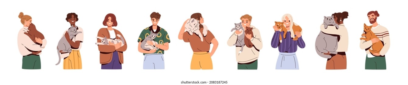 People holding cute cats set. Happy men and women with lovely kitties in hands. Pet owners portraits with adorable pretty feline animals. Flat vector illustration isolated on white background - Shutterstock ID 2083187245