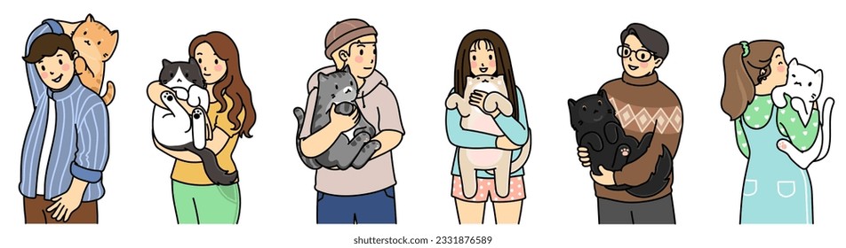People holding cute cats set lovely kitties in their hands Pet owner portraits with adorable pretty feline animals. Flat vector illustration isolated on white background