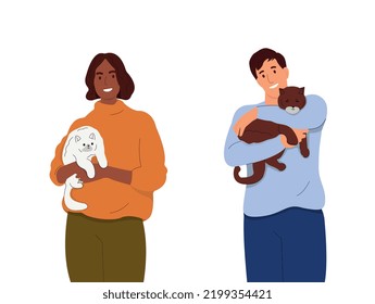 People holding cute cats set.Young couple smiling. Woman and man standing holding cats in their arms feeling love.Pets concept.Flat vector illustration isolated on white background