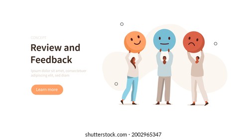 People сharacters holding different emoji to show positive, negative and neutral satisfaction rating. Customer service and user experience concept. Flat cartoon vector illustration.