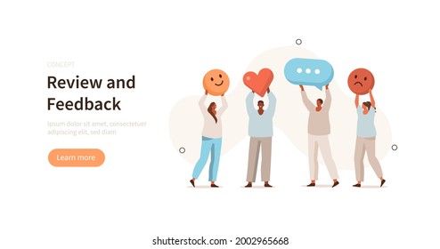 People сharacters holding different signs to show positive, negative and neutral satisfaction rating. Customer feedback and user experience concept. Flat cartoon vector illustration.
