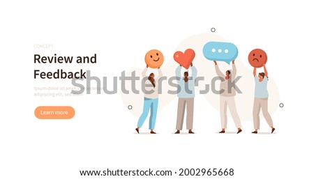 People сharacters holding different signs to show positive, negative and neutral satisfaction rating. Customer feedback and user experience concept. Flat cartoon vector illustration.
